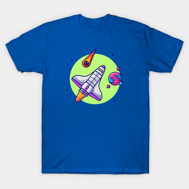 Space Shuttle Flying with Planet and Meteorite Space Cartoon Vector Icon Illustration T-Shirt by Catalyst Labs